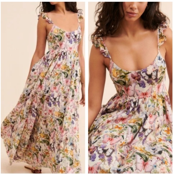 NWT Selkie Penny Lane Butterflies Printed Botanical Maxi Cotton Dress - Picture 1 of 14